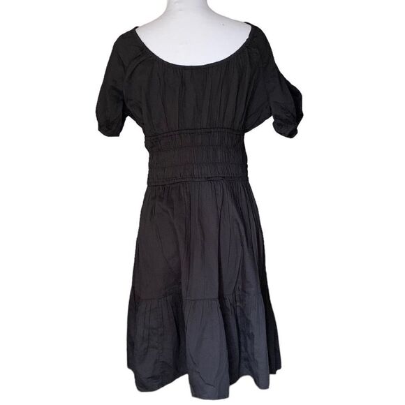 GAP MilkMaid Smocked Waist Peasant Sleeve Cotton Dress Black Sz L Tall - Picture 2 of 10